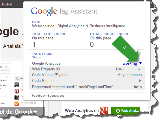 Tag Assistant Google analytics español vision status